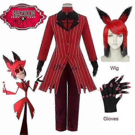 Hazbin Cosplay Hotel Alastor Uniform Cosplay Kostume Mænd Kvinder Halloween Kostume Komplet Sæt (jakke+bukser+skjorte+slips+handsker+paryk) -CANH