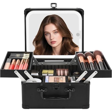 Stor Rejse-Makeupkuffert med LED-spejl - Kosmetikorganisator med 2 bakker og børsteholder til neglesæt, kosmetik og hobbyartikler