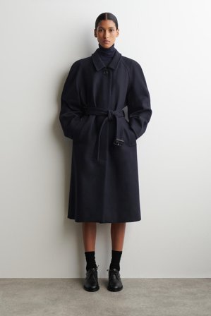 COS Women's Wool-Blend Long Trench Coat in Navy