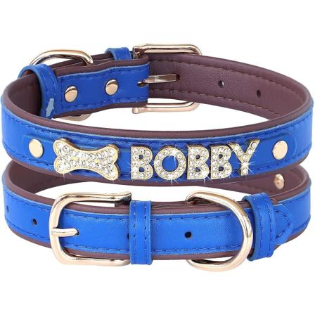 Didog släta pu-läder anpassade hundhalsband med personliga namnbokstäver i strass Dark blue Xs: 5/8"*8-10"