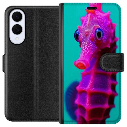 Kompatibelt Lommeboketui til Samsung Galaxy S25 Edge Neonfarget sjøhest i surrealistisk undervannsstil