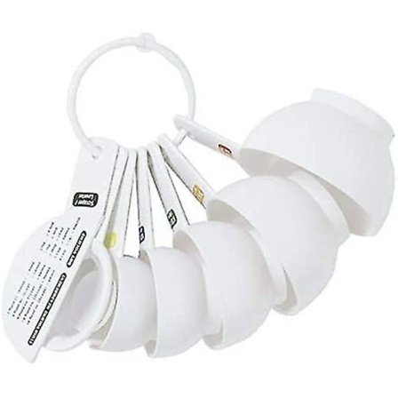 Køkken Målesæt, I Hvid Plastik Og Indeholder 7 Målebægre Inklusive 1 Kop/240ml, 3/4 Kop/180ml, 1/2 Kop/120ml, 1/3 Kop/78ml, 1/4 Kop/60ml