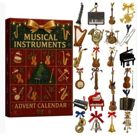2025 Musikalsk Fejringskalender - En Jule-nedtællings Overraskelsesboks Med Miniatureskulpturer af 24 Klassiske Instrumenter, Der Spiller Gyldne 