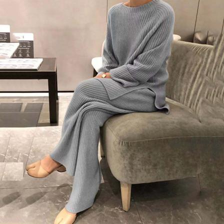 Dam Casual Långärmad Stickad Set Sidoslits Tvådelad Outfit