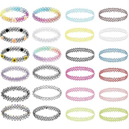 24-pack Tattoo Choker Halsband Set - 90-talsaccessoarer med Tusenskönacharms, Flerfärgade