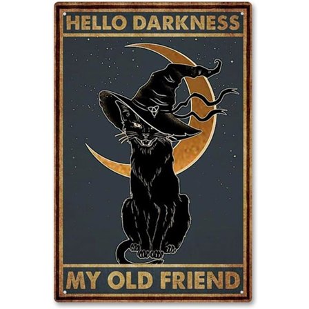 Sort Kat Heks Halloween Hello Darkness My Old Friend Retro Tin Skilte Vintage Vægdekoration Hjem Bar Køkken Hotel Kaffe Metal Plakat 20x30 cm