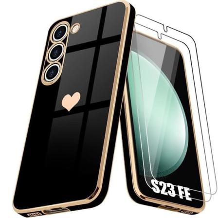 Fodral + 2 härdade glasögon för Samsung Galaxy S23 FE (ej för S23) - Svart - Stötsäker TPU, pläterad och guldfärgad kärleksmönster