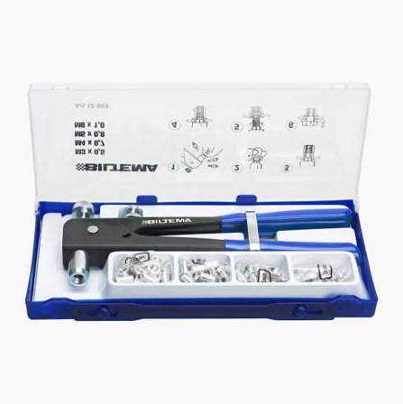 Biltema - Blindmuttersett med Nagletang og Aluminium Blindmuttere i Plastkoffert - Inkluderer Utskiftbare Munnstykker M3, M4, M5, M6