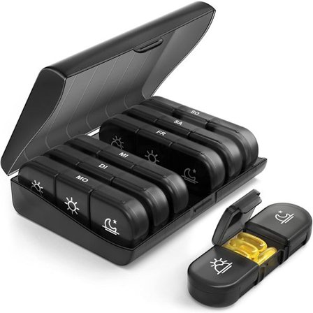 Daglig ugentlig pilleæske, 3 rum, bærbar pilleæske med store separate rum til medicin, vitaminer, fiskeolie, kosttilskud osv. (Sort)