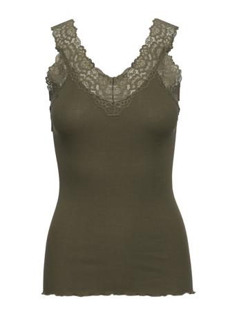 Organic Top V-Neck Regular W/Lace T-shirts & Tops Sleeveless Grønn Rosemunde