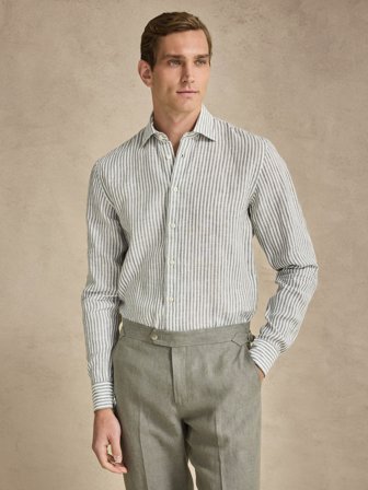 John Henric Men's Grünes Leinenhemd Slim Fit Size 40