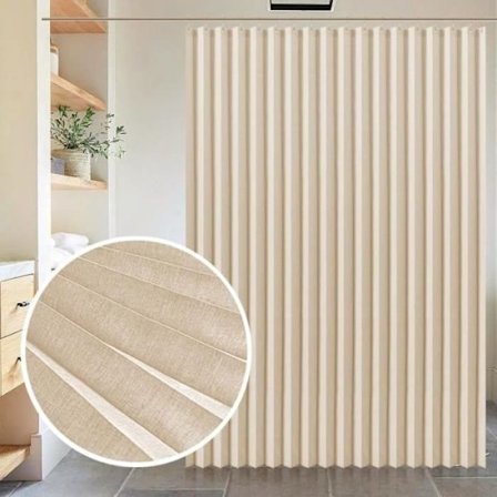 Vikbart duschdraperi i linne, extra långt och vattentätt modernt duschdraperi med färgade krokar. DUSCHDRAPERI