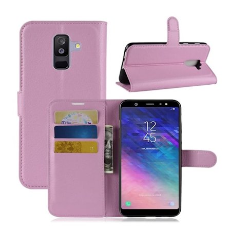 Samsung Galaxy A6 Plus mobiletui i kunstlæder med Litchi overflade. Indbygget pung og stander - Lyserød