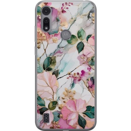 Kompatibel Mobilcover til Motorola Moto E6i Abstrakt marmormønster med blomster, blade og gyldne detaljer i bløde pastelfarver