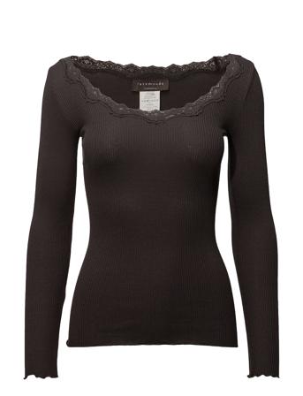 Silk T-Shirt W/ Lace T-shirts & Tops Long-sleeved Svart Rosemunde*Betinget Tilbud