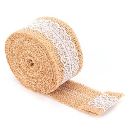 Hesselband med hvit blonder Naturlig jute rull for DIY dekorasjon gaveemballasje 5 meter 5 cm taggete blonder