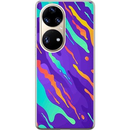 Kompatibel Mobilcover til Huawei P50 Pro Farverigt abstrakt mønster med flydende former i lilla, turkis, gult og orange.