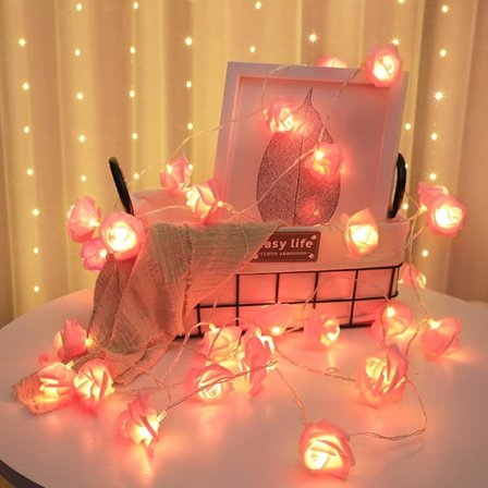 Roseblomst lyslenke, 20 LED varm hvit batteridrevet rosa roselys for bursdagsfest bryllupsfestival