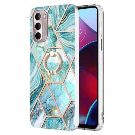 Marble Patterned Suojakuori With Ring Holder For Motorola Moto G Stylus (2022) - Sininen