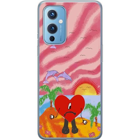 Kompatibelt Mobildeksel til OnePlus 9 Bad Bunny i en fargerik quiltet jakke med hjertemønster og solbriller i moderne gatestil