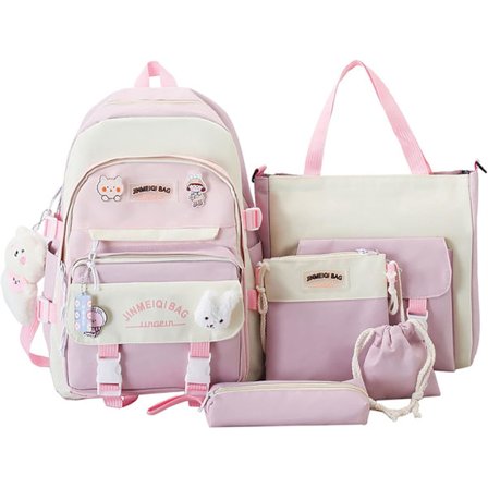 Kawaii rygsæksæt med 5 dele æstetisk rygsæk til skolebørns daglige behov med charms og nåle, penalhus, mulepose, lille taske.