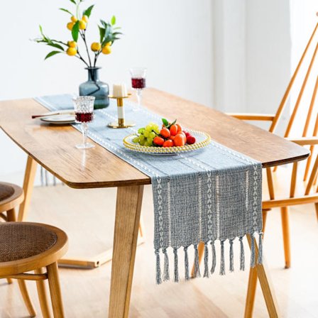 Flettet bordløber til spisebord, bordløber i bomuldslinned med håndlavede kvaster, broderet stribet boho-bordløber i vintage design