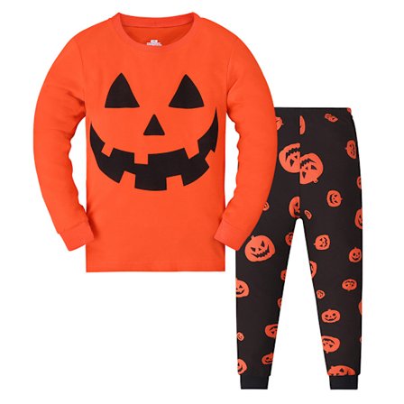 Halloween Pumpa Pyjamas för 3-9 År Pojke Flicka Självlysande 2-Delat Nattlinne Set med Topp och Byxor