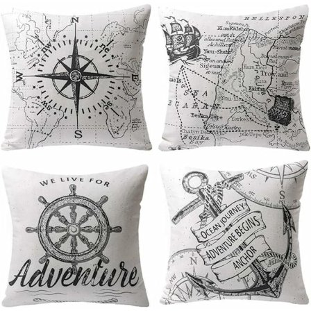 Gspirit Sæt med 4 bomuldslinned trykte nautiske kompasanker maritime bogstav pudebetræk 45x45cm