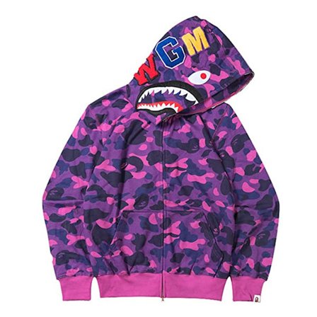BAPE Shark Herre Hettegenser Camo Løs Glidelås Shark Head WGM Jakke SW lilla