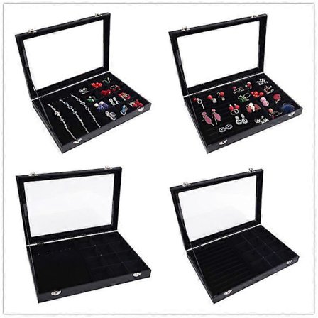 Svart Smyckeskrin Halsband Ring Örhängen Armband Wen Play Pläd Förvaringsdisplaybox med Lock Dammtätt Glas