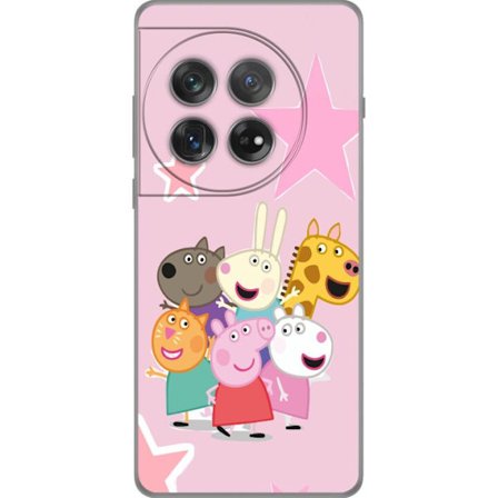 Kompatibelt Mobildeksel til OnePlus 12 Peppa Gris og venner samlet med stjerner på rosa bakgrunn, fargerik barneillustrasjon