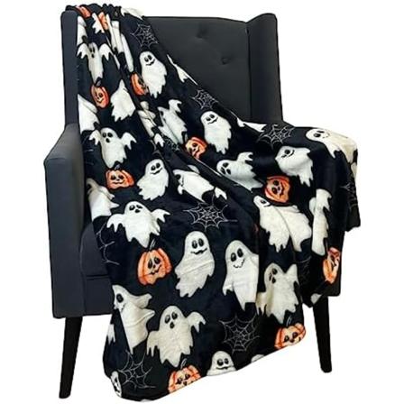 Halloween-teppe: Jack O Lantern-gresskar, hvite spøkelser og edderkoppnett på myk svart fløyelsfleece for sofa