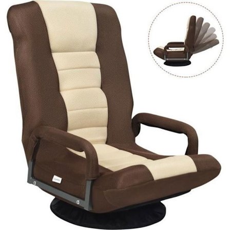 COSTWAY foldbar gulvlænestol, 6-positions justerbart ryglæn og 360° drejebase, robust jernstel brun