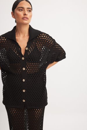 NA-KD Trend Hole Knitted Buttoned Short Sleeve Sweater - - Noir - XS