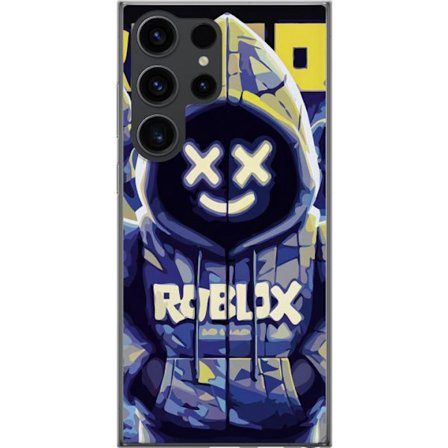 Kompatibelt Mobildeksel til Samsung Samsung Galaxy S24 Ultra Blågul Roblox hettegenserfigur med minimalistisk neonstil og masket ansikt, moderne spil