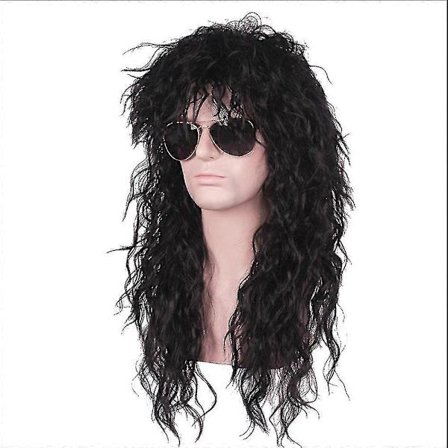 Svart Lång Lockig Peruk för Män 70-tals 80-tals Peruk Punk Rocker Peruk Mullet Peruker Halloween Disco Kostymfest Cosplay Peruk -NMAOV