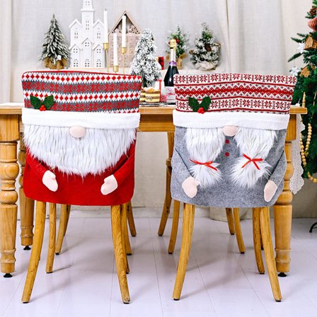 2 stycken julnya dekorativa långstolsöverdrag Skäggig gammal man röda och gråa dekorativa stolar