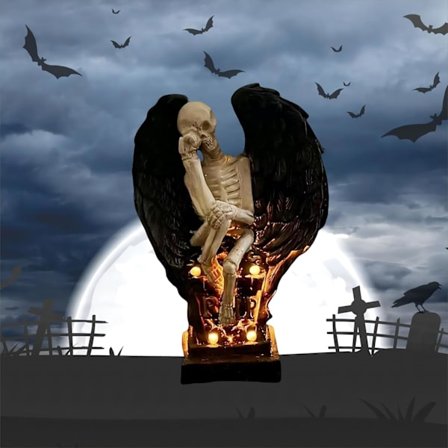 Dekorativ Skjelett Dødsgud Vinget Engel Skulptur Solbelysning Skummel Hage Statue Hjemmedekor for Veranda Dekor Nattlys