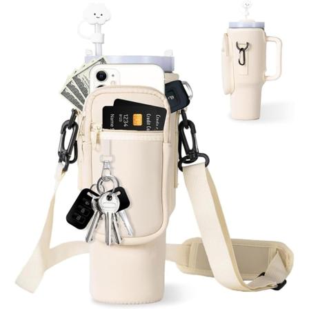 Neopren vannflaskeholder - Bæreveske for vannflaske for 40 oz tumbler - Justerbar skulderstropp - Ideelt tilbehør for vannflasker rosa