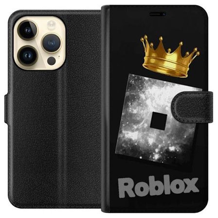 Kompatibelt Lommeboketui til Apple Apple iPhone 15 Pro Minimalistisk svart og sølvfarget Roblox-symbol med gylden krone og luksuriøs gamer-estetikk