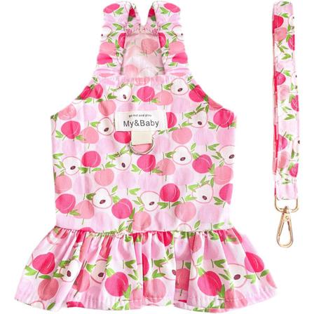IC Liten hundkjole Sele og Koppelsett Søt Prinsesse Bursdagshundkjole Myke Trykte Valpekjole Jentehundeklær (Rosa Eple, XXL)