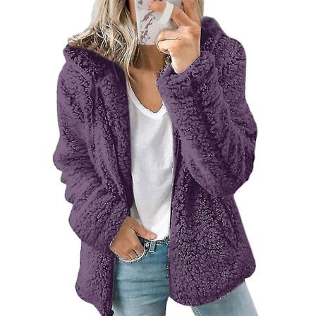Dame Teddy Bear Frakke Blød Varmt Cardigan Fleece Pels Hætte Fluffy Jakke Toppe Vinter Purple 2XL