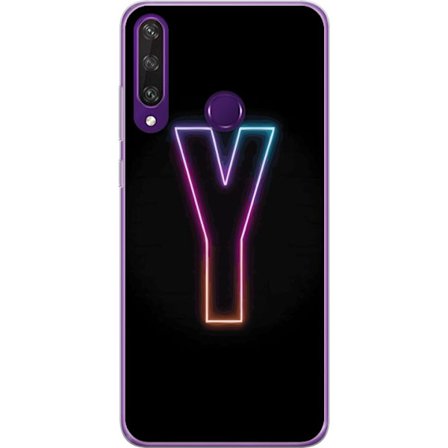 Kompatibel Mobilcover til Huawei Huawei Y6p Minimalistisk neonbogstav Y i farveskiftende lys mod sort baggrund