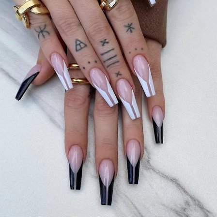 Kistepress på negler, lange falske negler, svart og hvit lim på negler Ballerina Glossy Fake Nails Fransk Tip Nails for kvinner og jenter 24 stk. Merk