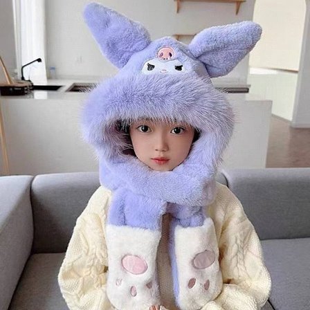 Sanrio 3-osainen talvipukusetti - Söpö kani/kissanpentu/munankuori hahmopuku huivilla, hatulla ja asusteella &, pehmeät pastellivärit (pinkki, sin [DB