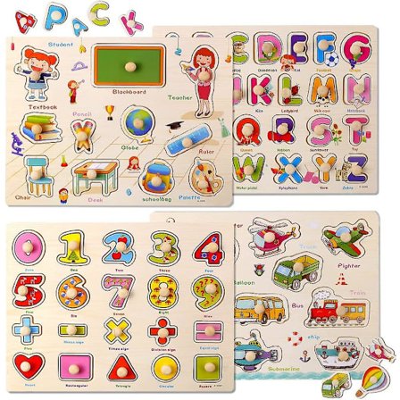 Trepuslespill med knotter for småbarn, 4-pakning ABC Alfabet Nummer Dyr Skole Trafikk Puslespill for Barn 3-6 År, Førskole Tidlig Pedagogisk Læring