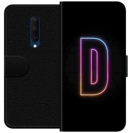 Kompatibel Tegnebogsetui til OnePlus OnePlus 7T Pro Minimalistisk neonbogstav D i farveskiftende lys mod sort baggrund i moderne digital design