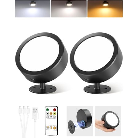 Vægmonterede Lamper, 2000mAh Genopladelige Væglamper, 3 Farvetemperaturer & Fjernbetjening og Berøringsstyring, 360° Rotation