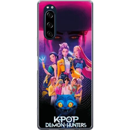 Sony Xperia 5 Gjennomsiktig deksel Kpop Demon Hunters plakat med fargerike helter, neonlys og episk fantasy anime estetikk.
