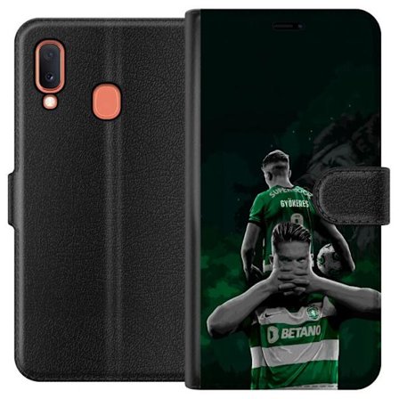 Kompatibelt Lommeboketui til Samsung Galaxy A20e Neonmotiv med teksten "Gaming is in my DNA" på en blå og rød murvegg med en lysende DNA-spiral.